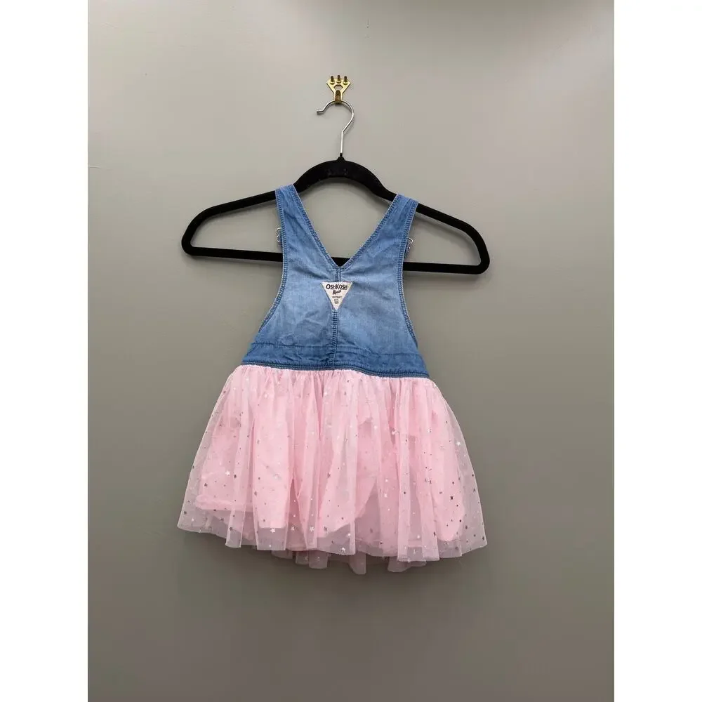 OshKosh B'gosh Toddler Girls Tutu Jumper Dress 2T Pink Tulle Denim Overall Dress